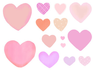 半透明のピンク系カラフルなハートのイラストセット