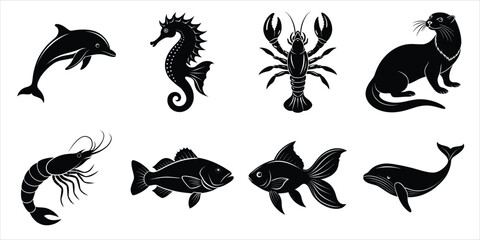 Aquatic animals silhouette set. Marine, Sea animals life vector illustration collection
