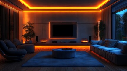 Modern living room with orange cove lighting, dark ambiance, and cozy furniture.