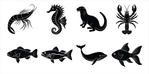 Aquatic animals silhouette set. Marine, Sea animals life vector illustration collection