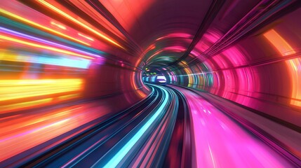 Futuristic Tunnel with Vibrant Neon Lights and Motion Blur