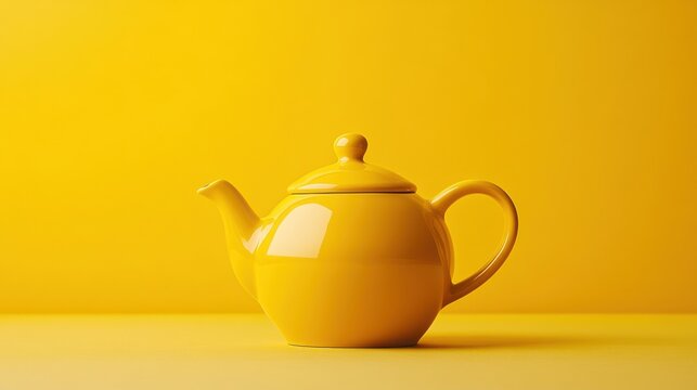 Minimalist yellow teapot on warm yellow background, glossy ceramic tea pot still life for kitchen decor and branding