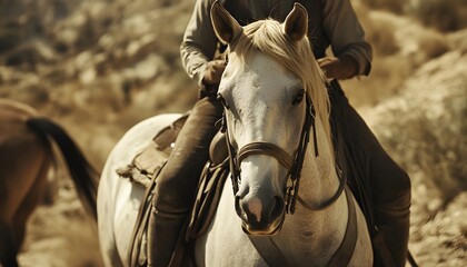 Obraz premium A close-up view of a rider on a white horse in a rugged landscape. The horse's elegant features and the rider's attire evoke a sense of adventure and the wild spirit of nature.