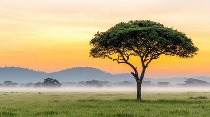 Obraz premium Cheetah at Dawn with Mist Rolling Over the Serengeti Landscape