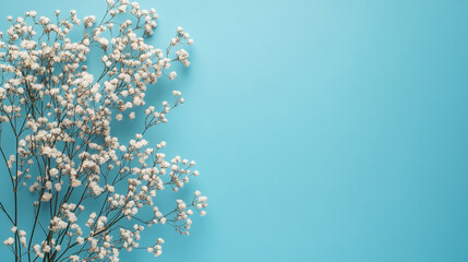 White flowers on thin branches against a light blue background