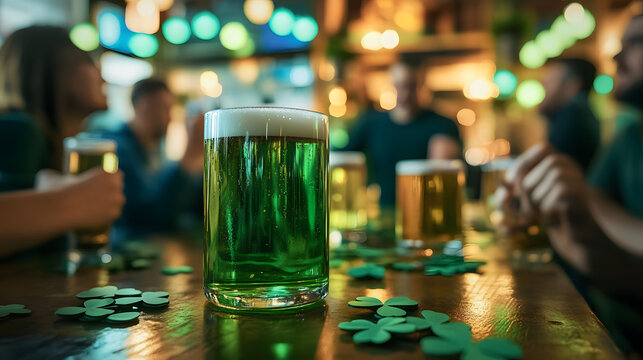 A close-up of green beer served on a table filled with shamrock decorations, as a joyful group of friends cheers and celebrates Saint Patrickâs Day in the blurred background. - Powered by Adobe