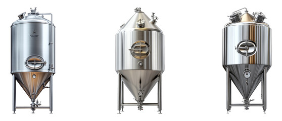 Stainless steel fermentation tanks isolated on a transparent background