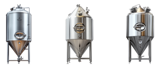 Stainless steel fermentation tanks isolated on a transparent background