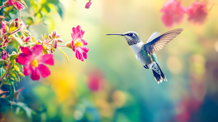 Naklejka premium Depict the delicate beauty of a watercolor hummingbird gracefully hovering near a vibrant, blooming flower in a vivid, nature-inspired scene