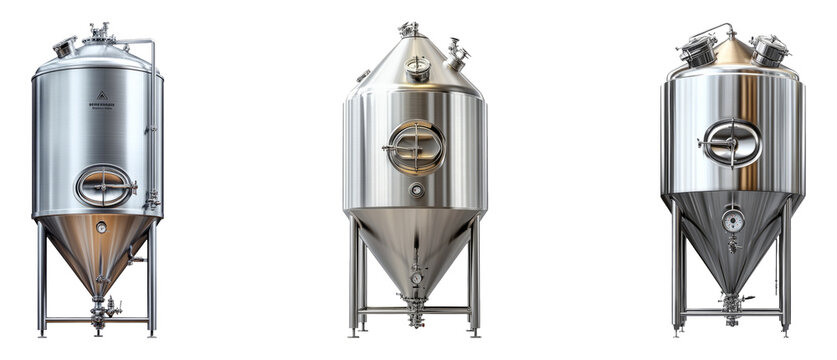Stainless steel fermentation tanks isolated on a transparent background