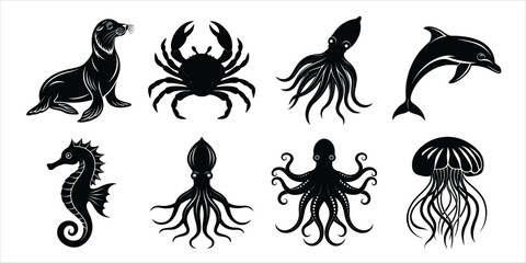 Aquatic animals silhouette set. Marine, Sea animals life vector illustration collection