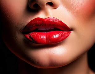 Obraz premium A woman with red lipstick on her lips. She has a red lip liner