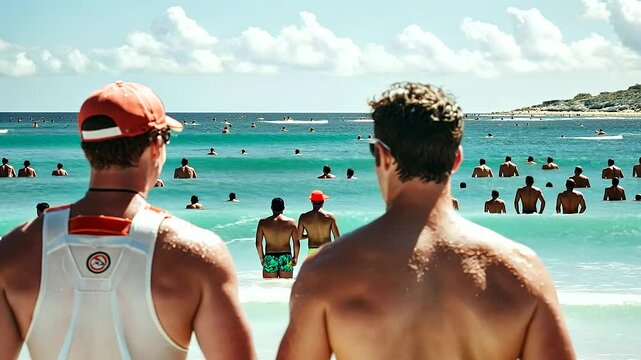 Lifeguard Training at Busy Beach with Supervisor Guidance