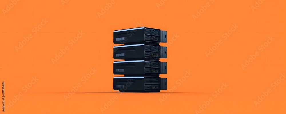 Poster a modern data server stack on an orange background, symbolizing advanced technology and digital stor