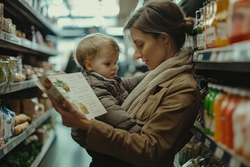 Fototapeta premium A single mother teaching her child to read a shopping list while shopping for fresh groceries in an eco-friendly store.