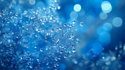 Fototapeta premium Close-up of delicate branches with small water droplets, set against a soft blue background with bokeh effects. The overall atmosphere is tranquil and ethereal