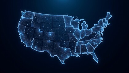 Digital map of the USA with glowing blue network connections