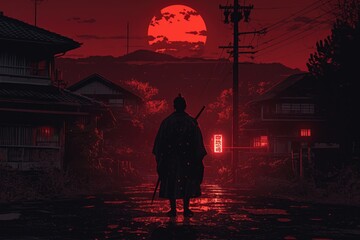 Fototapeta premium Samurai Stands Alone Under Crimson Moonlit Sky