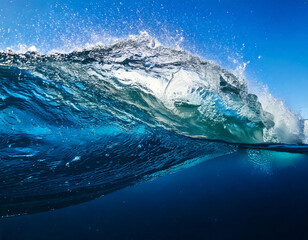 Fototapeta premium A wave in the ocean with a splash of water. The water is blue and the sky is clear