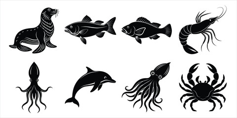 Aquatic animals silhouette set. Marine, Sea animals life vector illustration collection