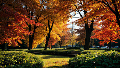 City park in autumn with vibrant leaves