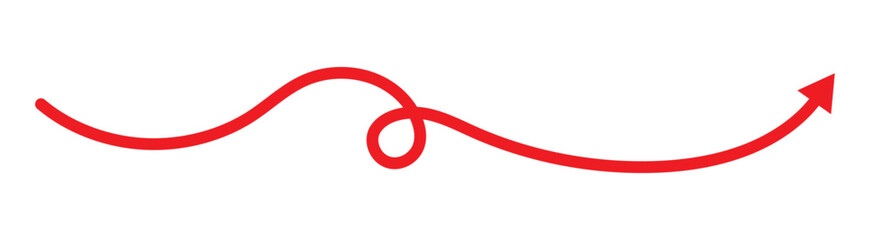  Long Red right side arrow vector. Simple line hand drawn Red arrow. wavy curved Long arrow icon. long line arrow vector. flat style Arrow symbol. arrow on a white background. vector illustration.