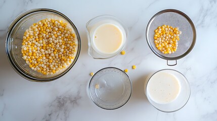 A step-by-step arrangement showing corn kernels, a blender, a strainer, and the final glass of corn milk