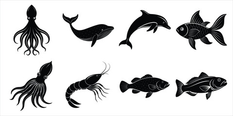 Aquatic animals silhouette set. Marine, Sea animals life vector illustration collection