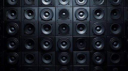 Wall of black speakers arranged in a grid