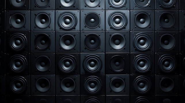 Wall of black speakers arranged in a grid