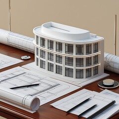 3D Model of a White Modern Luxury Building on wooden desk with Architectural Blueprints