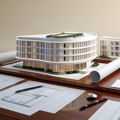 3D Model of a White Modern Luxury Building on wooden desk with Architectural Blueprints