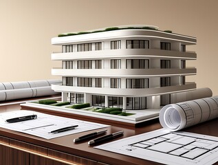 3D Model of a White Modern Luxury Building on wooden desk with Architectural Blueprints