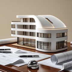3D Model of a White Modern Luxury Building on wooden desk with Architectural Blueprints