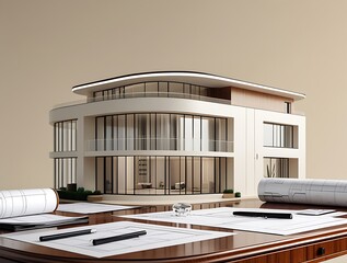 3D Model of a White Modern Luxury Building on wooden desk with Architectural Blueprints