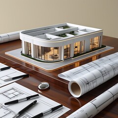 3D Model of a White Modern Luxury Building on wooden desk with Architectural Blueprints