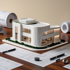 3D Model of a White Modern Luxury Building on wooden desk with Architectural Blueprints