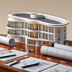 3D Model of a White Modern Luxury Building on wooden desk with Architectural Blueprints