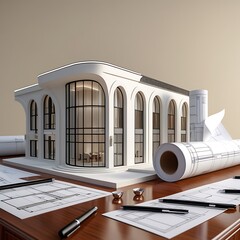 3D Model of a White Modern Luxury Building on wooden desk with Architectural Blueprints