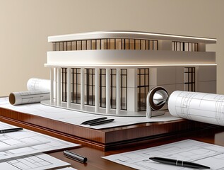 3D Model of a White Modern Luxury Building on wooden desk with Architectural Blueprints