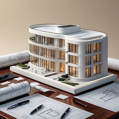 3D Model of a White Modern Luxury Building on wooden desk with Architectural Blueprints