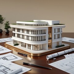 3D Model of a White Modern Luxury Building on wooden desk with Architectural Blueprints