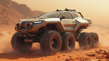 Fototapeta premium Dust clouds rise as a six-wheeled off-road vehicle traverses the rugged terrain of Mars at sunset, showcasing advanced technology and design for extraterrestrial exploration