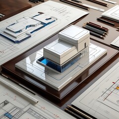 3D Model of a White Modern Luxury Building on wooden desk with Architectural Blueprints