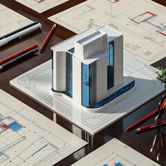 3D Model of a White Modern Luxury Building on wooden desk with Architectural Blueprints