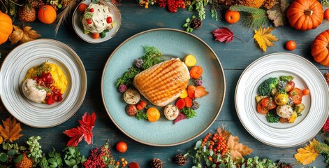 Beautifully Arranged Autumn Feast with Colorful Seasonal Vegetables, Roasted Meat, and Festive Fall Decorations on Rustic Wooden Table