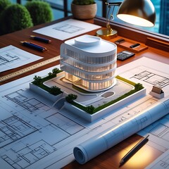 3D Model of a White Modern Luxury Building on wooden desk with Architectural Blueprints