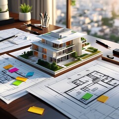 3D Model of a White Modern Luxury Building on wooden desk with Architectural Blueprints