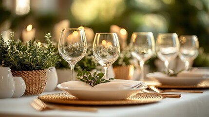 Elegant dinner table setting with white plates, glassware, and greenery.
