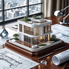 3D Model of a White Modern Luxury Building on wooden desk with Architectural Blueprints